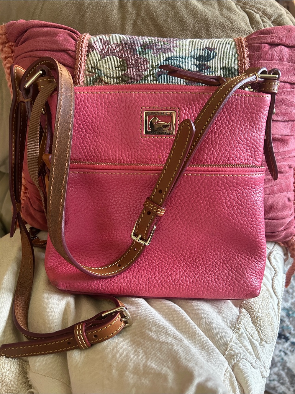 Dooney & Bourke Hot Pink Pebbled Leather Crossbody with Brown Strap